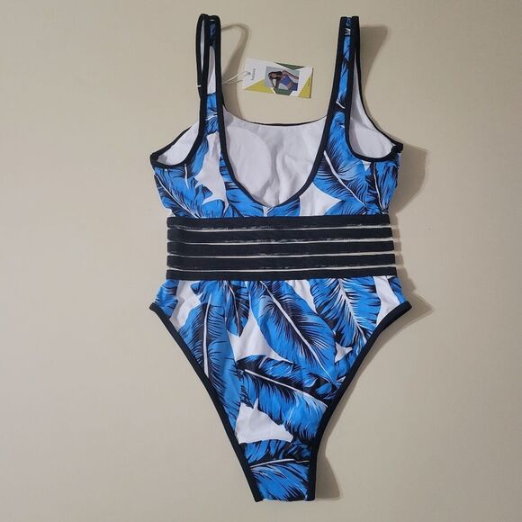 Halara Tropical Blue Leaf Print Women's One Piece Swimsuit - Picture 13 of 14